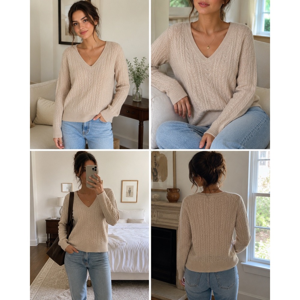 J.Crew Womens 100% Cashmere Cable Knit V-Neck Sweater Beige Oatmeal XS
